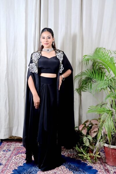 Elegant Black Crop Top with Embroidered Cape & Skirt