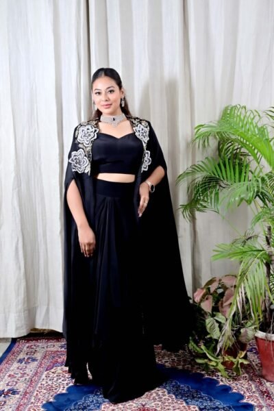 Alternative view of Elegant Black Crop Top with Embroidered Cape & Skirt