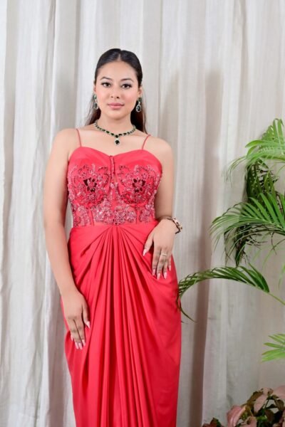 Radiant Bright Red Embroidered Gown with Draped Silhouette