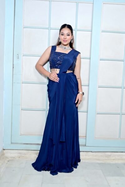 Alternative view of Royal Blue Drape Saree Style Gown