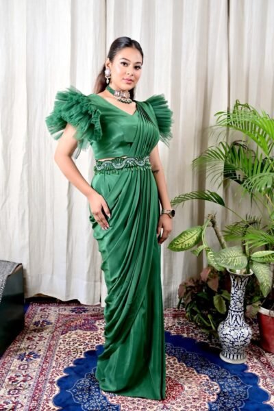 Alternative view of Emerald Green Draped Saree Gown with Ruffled Sleeves