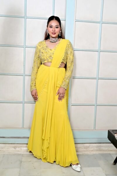 Alternative view of Sunshine Glow Yellow Drape Saree