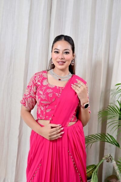 Alternative view of Radiant Pink Drape Saree with Embroidered Blouse