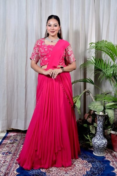 Radiant Pink Drape Saree with Embroidered Blouse