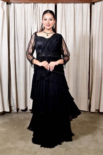 Alternative view of Black Pearls Embroidered Drape Saree