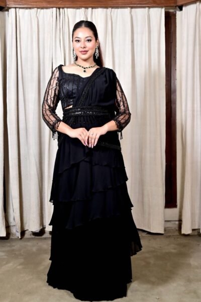 Black Pearls Embroidered Drape Saree