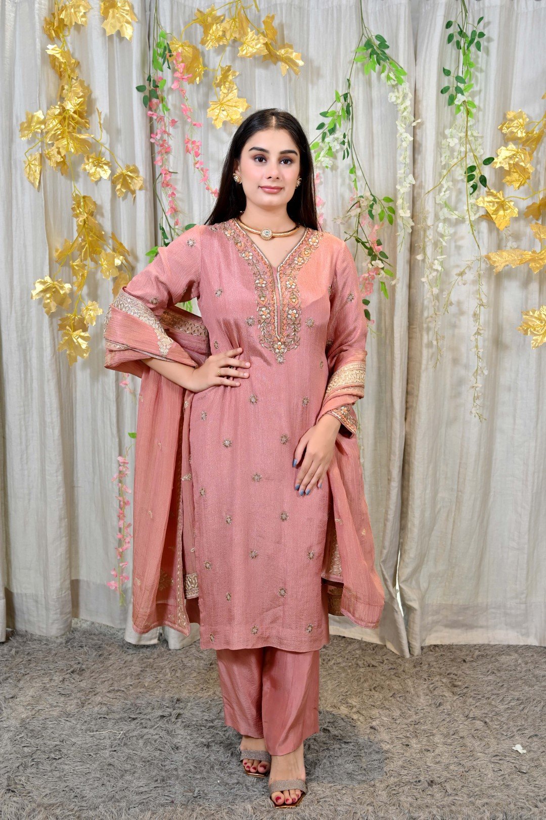 Elegant Blush Pink Embroidered Suit Set