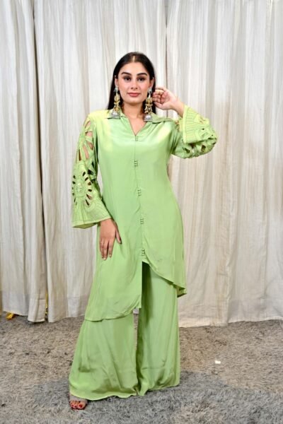 Sage Green Crepe Embroidered Cut-Work Co-Ord Set