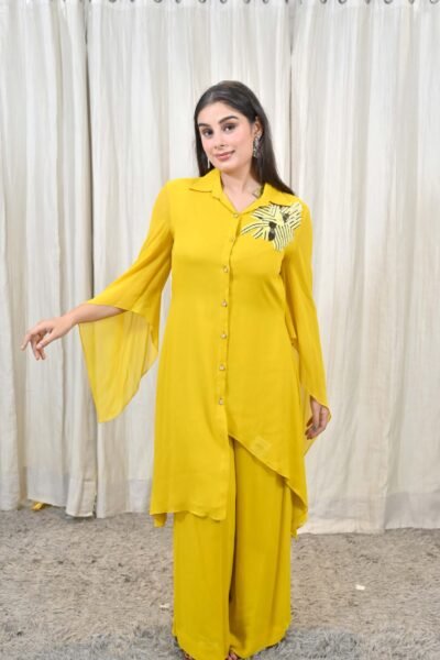 Sunbeam Yellow Georgette Satin Embroidered Co-Ord Set