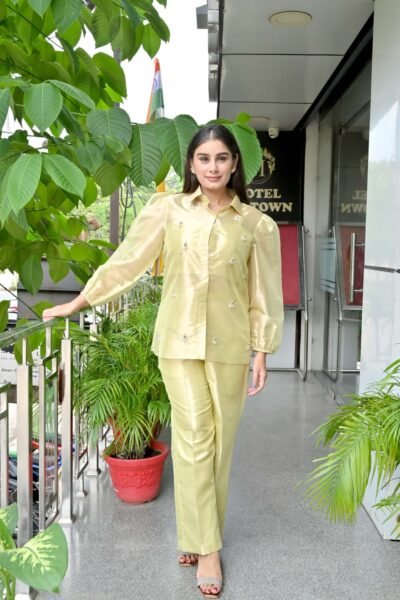 Pastel Yellow Pearl-Embroidered Tissue Organza Co-Ord Set