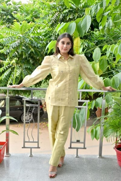 Alternative view of Pastel Yellow Pearl-Embroidered Tissue Organza Co-Ord Set