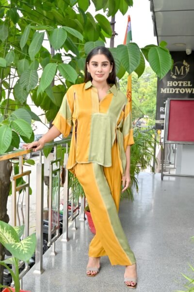 Dual-Tone Yellow Green Panelled Co-Ord Set