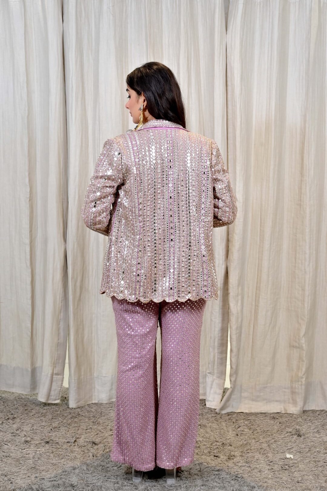 Lilac Mirror Work Embroidered Crop Top with Jacket Set - Image 7