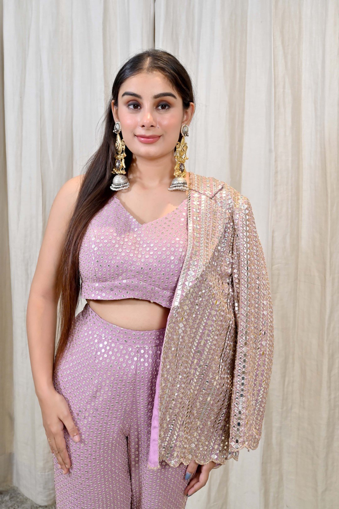 Lilac Mirror Work Embroidered Crop Top with Jacket Set - Image 11