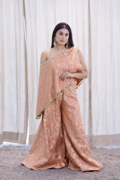 Peach Gold Brocade One-Shoulder Co-Ord Set