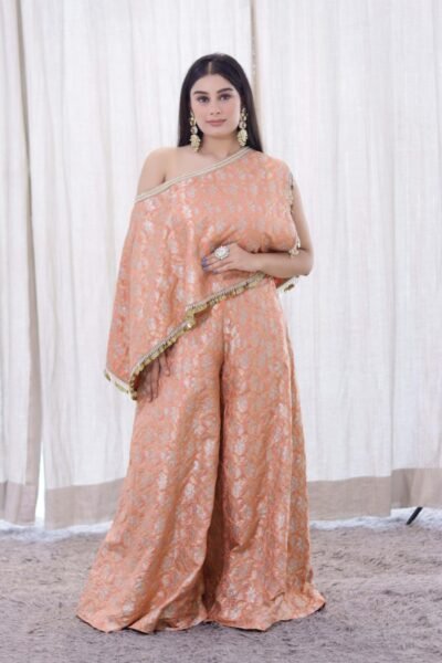 Alternative view of Peach Gold Brocade One-Shoulder Co-Ord Set