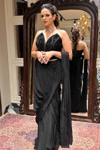 Elegant Black Designer Pre-Draped Saree with Hand-Embroidered Blouse