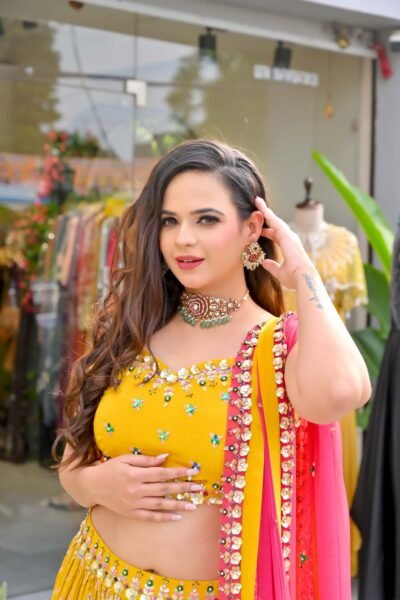 Alternative view of Sunshine Yellow Floral Mirror-Work Lehenga Set with Pink Dupatta