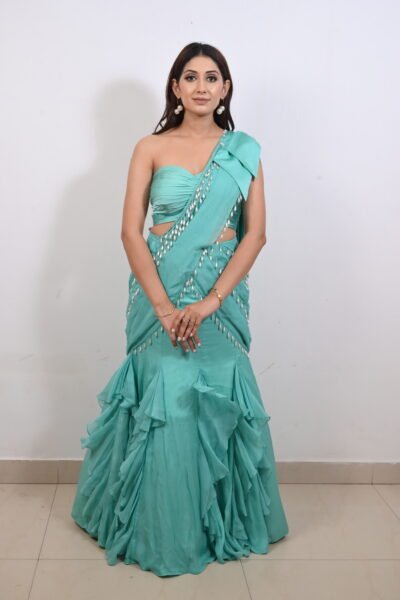 Aqua Green Ruffle Concept Saree with Stylish Pleated Blouse