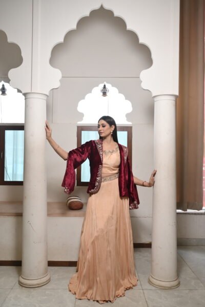 Champagne Gold Flared Gown with Embroidered Velvet Cape