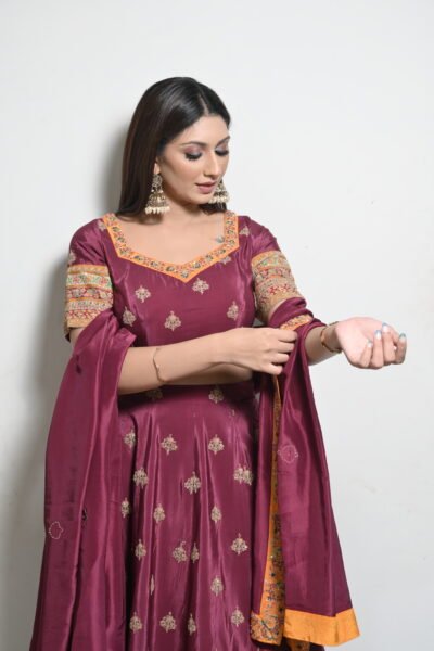 Alternative view of Maroon Embroidered Silk Lehenga Set with Contrast Borders & Dupatta