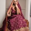Maroon Embroidered Silk Lehenga Set with Contrast Borders & Dupatta