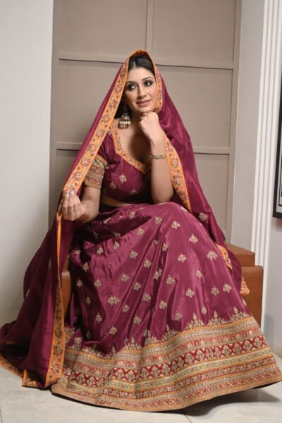 Maroon Embroidered Silk Lehenga Set with Contrast Borders & Dupatta