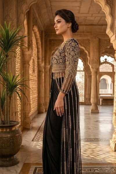 Alternative view of Noir Aabroo Cape Dhoti Set